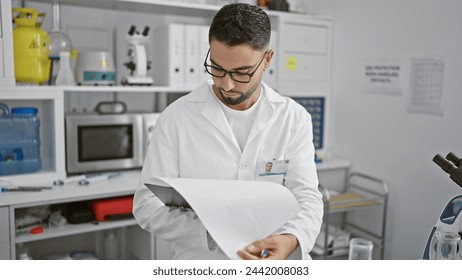 Focused man in labcoat analyzing documents in a modern laboratory setting