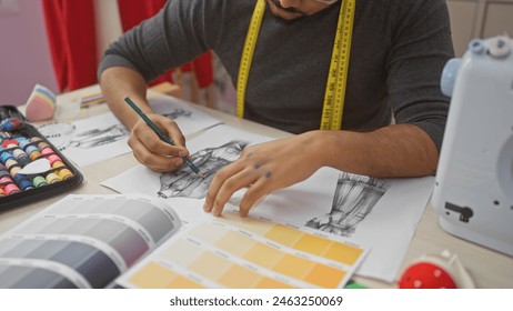 A focused man tailoring in a well-equipped atelier, surrounded by sewing items and color palettes. - Powered by Shutterstock