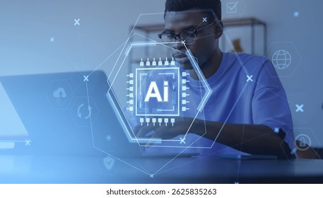 Focused man using laptop with glowing AI hologram overlay, digital tech style, on blurred indoor background. Concept of artificial intelligence