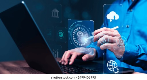 Focused man using stylus to interact with AI interface on laptop. Concept of artificial intelligence, automation and innovation for technology, big data and business solutions