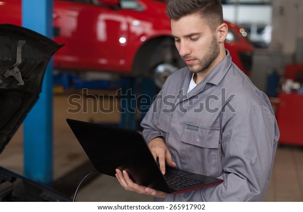 Focused mechanic working\
on a computer
