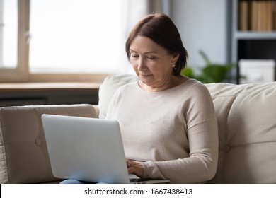 Focused Middle Aged Woman Resting On Sofa, Chatting In Social Network With Friends Or Shopping Online. Pleasant Older Senior Mother Communicating With Grownup Children, Using Computer At Home.