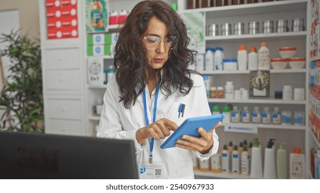 Focused middle-aged woman pharmacist reviewing medication information on a tablet inside a well-stocked pharmacy. - Powered by Shutterstock