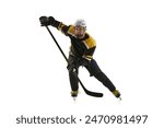 Focused and motivated man, hockey player wearing protective uniform and helmet, training, competing isolated on white background. Concept of professional sport, competition, game, tournament