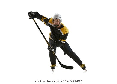 Focused and motivated man, hockey player wearing protective uniform and helmet, training, competing isolated on white background. Concept of professional sport, competition, game, tournament - Powered by Shutterstock