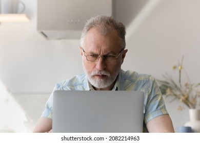 Focused Older 60s Man Wearing Glasses, Working At Laptop In Home Kitchen, Typing, Looking At Screen. Mature Male Student Watching Learning Webinar, Virtual Training On Computer, Studying Online