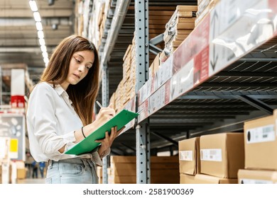 Focused on her task, a young woman holding clipboard meticulously updates inventory records while surrounded by shelves filled with various products in a vibrant warehouse setting