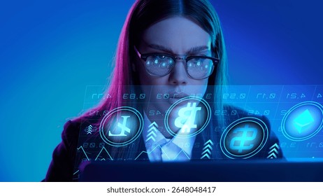 Focused professional analyzes cryptocurrency data on a digital interface in a futuristic setting. Concept of digital finance innovation, empowerment via financial technologies