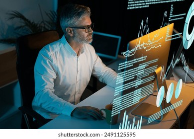 Focused Professional Analyzing Data on Multiple Screens in Dark Office Environment. This Image Captures the Essence of Modern Technology, Data Visualization, and Business Analytics - Powered by Shutterstock