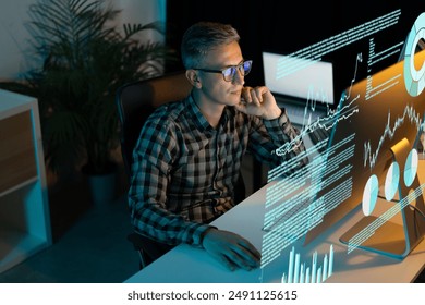Focused Professional Analyzing Data On Transparent Screen In Modern Office, Representing Technology, Innovation, Business Analysis, And Digital Transformation