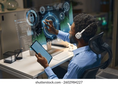 Focused Programmer Utilizing Advanced Holographic Technology For Innovative Cybersecurity Development And Analysis