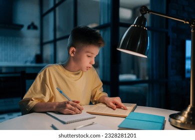 Focused redhead pupil student boy studying at home writing in exercise book doing homework, learning sitting at table under light of lamp at night. Clever schoolkid reading textbook sitting at desk. - Powered by Shutterstock