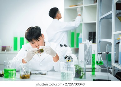 Focused scientist analyzing plant-based samples in a modern laboratory, presenting biotechnology, clean energy, and sustainability concepts for ESG, green innovation, research, and communication.
