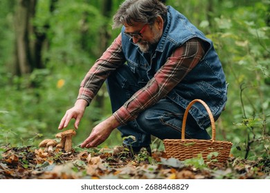 Focused, sitting and checking if it's safe one. Mushroom picking. Man is in the forest at daytime.