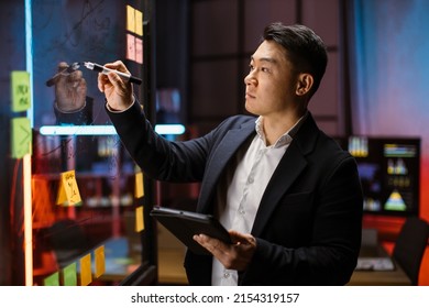 Focused smart Asian businessman, drawing graphs on glass presentation board. Male manager finance expert working in office at night, writing on glass board and using tablet computer - Powered by Shutterstock