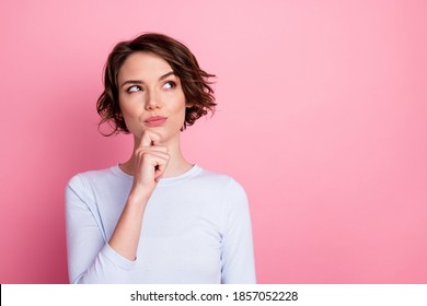 Focused Smart Girl Look Copyspace Touch Hand Chin Think Decide Wear Pullover Isolated Pastel Color Background