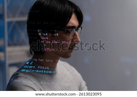 A focused software engineer with glasses is immersed coding, with programming code projected onto their face, symbolizing dedication to development and problem coding developer software engineer