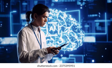 Focused technician in data center using artificial intelligence computing simulating human brain thought processes. Server room employee works on tablet with AI machine learning algorithms
