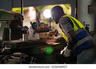 A focused technician operates heavy machinery in an industrial workshop. Dressed in a high visibility vest, he exemplifies concentration and skill in a metalworking environment, ensuring precision. - Powered by Shutterstock