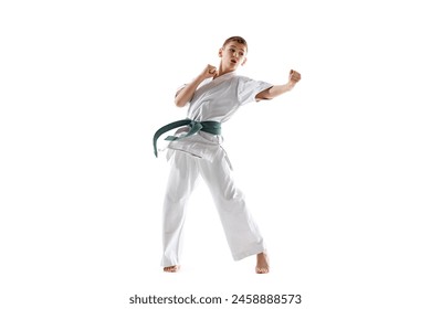 Focused teen boy, karate practitioner showing dynamic kick, illustrating discipline and power isolated on white studio background. Sport, martial arts, combat sport, health, active lifestyle concept - Powered by Shutterstock