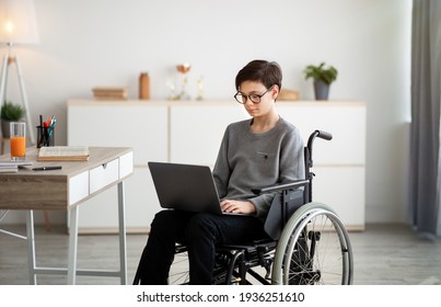 Focused Teen Boy In Wheelchair Using Laptop Computer For Online Schooling Or Communication At Home