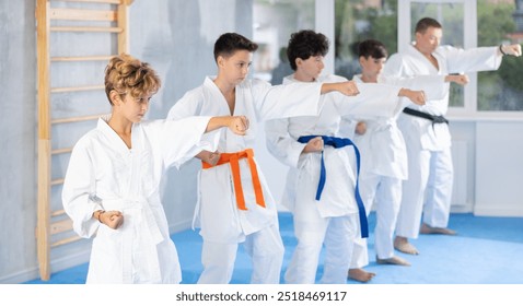 Focused teenage boy with group of karate practitioners wearing white kimonos diligently performing kata routines to hone martial arts skills in training room - Powered by Shutterstock