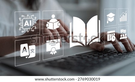 A focused view of hands typing on a laptop, surrounded by digital icons representing education, technology, and artificial intelligence in a modern workspace setting. Ledger