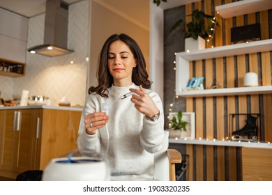 Focused Woman, Using Medicine, Inhaling Someone.