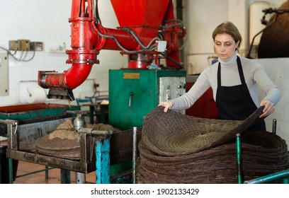 Focused woman working on artisanal olive oil factory applying olive paste after crushing to fiber mats - Powered by Shutterstock