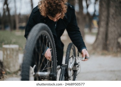 A focused young male entrepreneur fixes his bicycle on a tranquil park pathway, embodying an active and problem-solving lifestyle. - Powered by Shutterstock