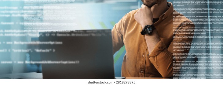 Focused Young Man Analyzing Code On Laptop In Office, Digital Technology Concept