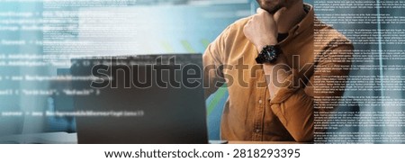 Focused Young Man Analyzing Code On Laptop In Office, Digital Technology Concept