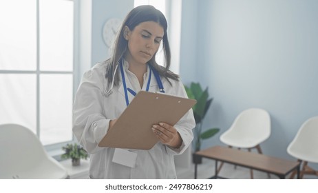 A focused young woman doctor reviews patient charts in a bright hospital waiting room. - Powered by Shutterstock