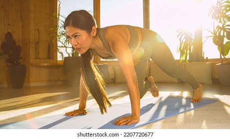 Focused Young Woman Doing Mountain Climber Exercise For Cardio And Strengthening. Pretty Asian Working On Her Upper And Lower Body. Lady In Sportswear During Training Workout In Nice Golden Light.