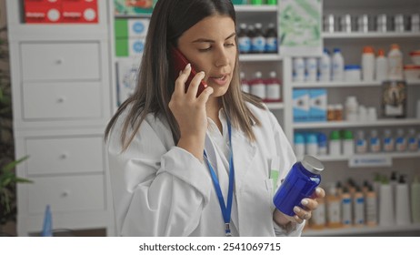 A focused young woman pharmacist examines medication while talking on the phone in a well-stocked pharmacy. - Powered by Shutterstock