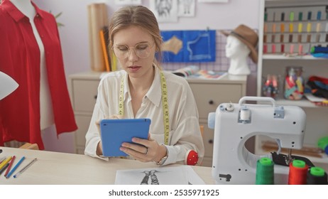 Focused young woman using tablet in a tailor shop with mannequin and sewing machine - Powered by Shutterstock