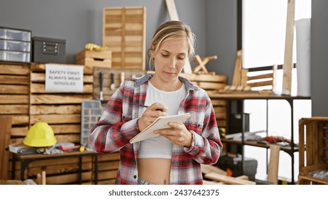 A focused young woman in a woodworking workshop writes notes on a tablet, surrounded by tools and safety gear. - Powered by Shutterstock