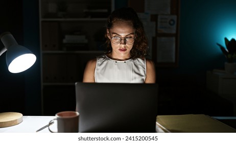 A focused young woman works late on her laptop in a dark office, illuminated by a desk lamp. - Powered by Shutterstock