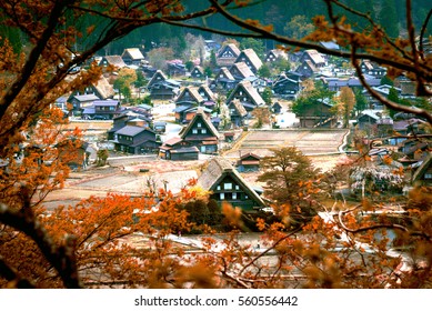 The focusing view of Shirakawago (Traditional Japanese village) in autumn season, Red leaf, "Gassho house" is World Heritage Site of UNESCOin Gifu, Japan.
				