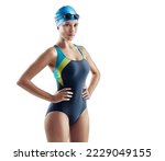 Focussed on swimming. Cropped portrait of a young female swimmer isolated on white.