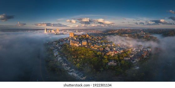 Fog At Cincinnati Downtown Aerial View, Ohio, USA Skyline