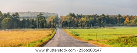 Fog coming off a Wisconsin forest next to a road and farmland in September, panorama