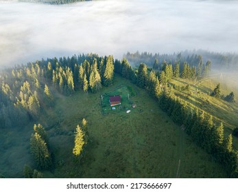 Fog Envelops The Mountain Forest. The Rays Of The Rising Sun Break Through The Fog. Aerial Drone View.