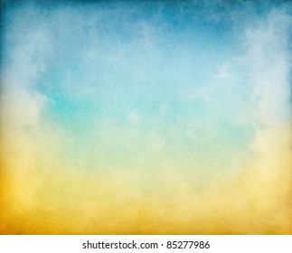 Fog, mist, and clouds with a yellow to blue gradient.  Image has a textured paper overlay and grain pattern visible at 100%. - Shutterstock ID 85277986