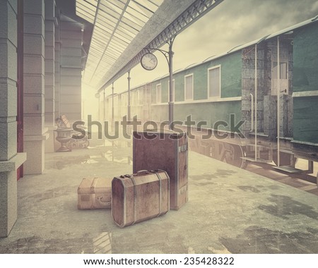 fog on the retro railway  train station .Vintage color style 3D concept