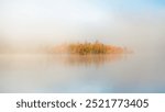 Fog over the finnish lake during cold morning hides the colorful golden trees in the background during autumn ruska session in Lapland evokes calm, cold, start of the day, solitude, peaceful, Finland