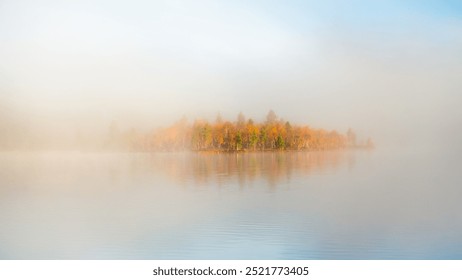 Fog over the finnish lake during cold morning hides the colorful golden trees in the background during autumn ruska session in Lapland evokes calm, cold, start of the day, solitude, peaceful, Finland