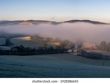 Fog Over The Manor Bridge And River Tweed From Manor Sware, Scottish Borders.