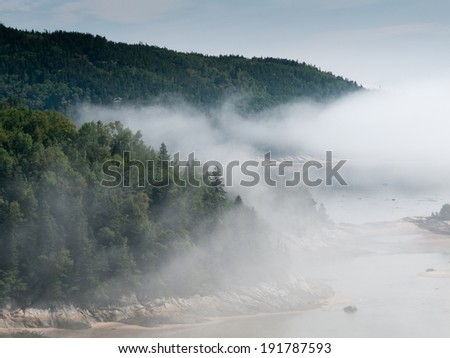 Similar – Image, Stock Photo Morning fog over river, meadow and forest. Nature sunlight scene