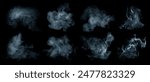 Fog or smoke set isolated on black background. White cloudiness, mist or smog background. 